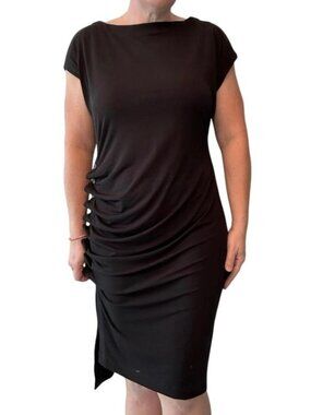 Kenneth Cole Black Midi Dress M Button Ruching Side, Drop Sleeve NWT